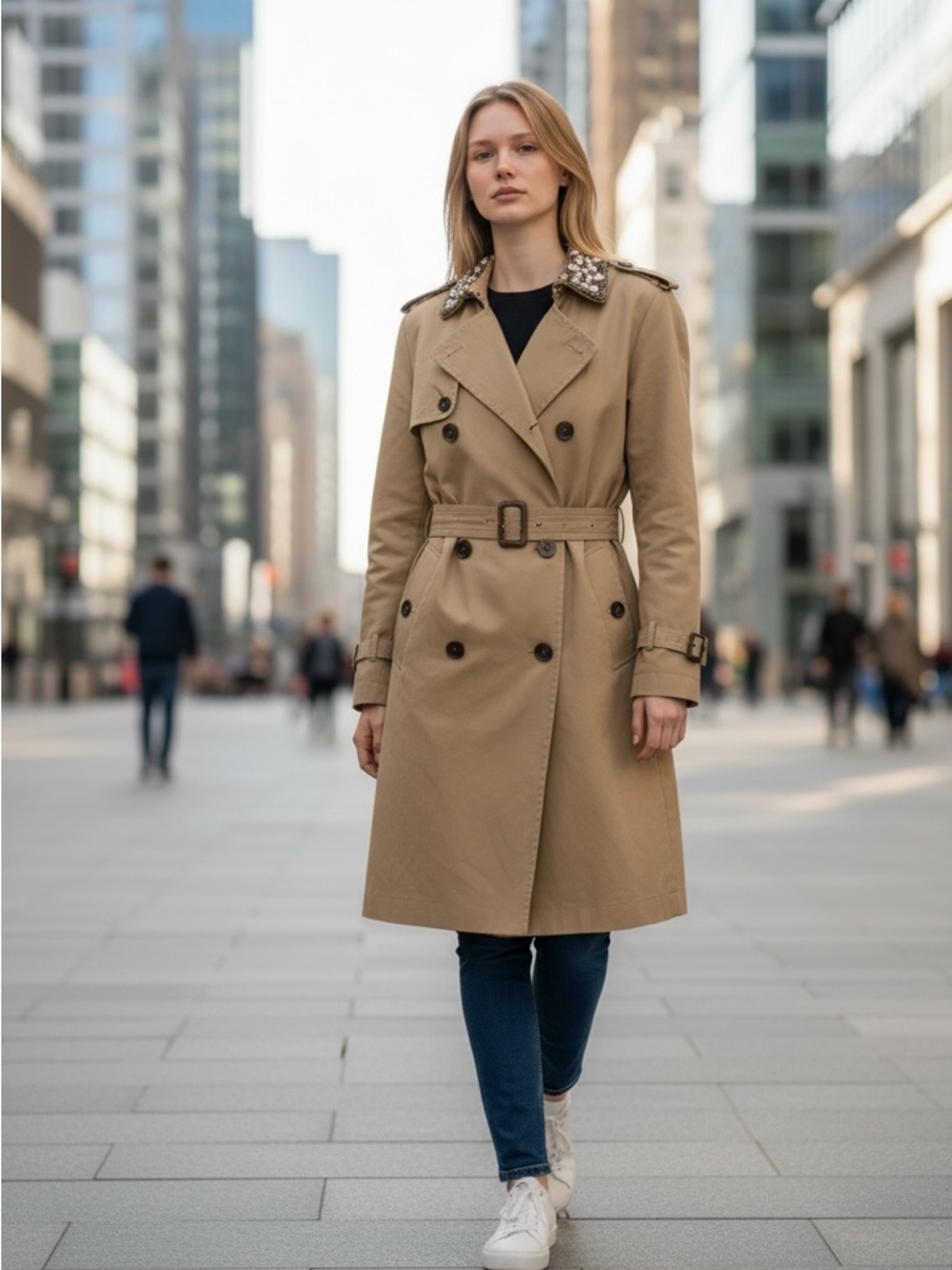 M.Grifoni Denim Khaki Trench Coat with Embellished Collar